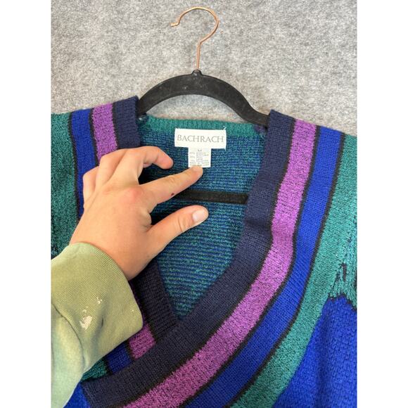 VINTAGE Bachrach Sweater Mens Medium Blue Geometric Knit Pullover 80s Grandpa - Picture 5 of 5